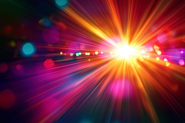 Los rayos de luz vibrantes estallan a través de un telón de fondo colorido creando una experiencia visual dinámica y hipnotizante en esta exhibición abstracta