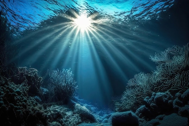 Rayos de sol bajo el agua Luz del sol en aguas profundas Bajo el fondo de los rayos de sol del mar Ilustración de IA generativa abstracta