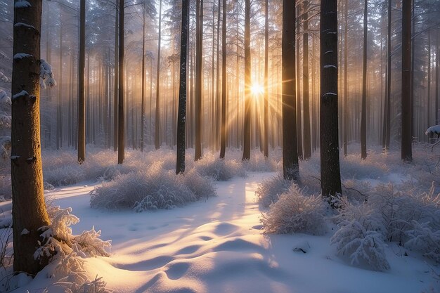 Los rayos de sol del atardecer del bosque de invierno