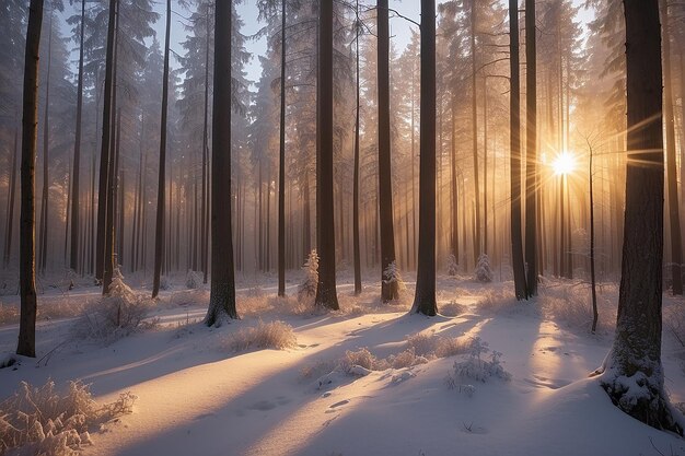 Foto los rayos de sol del atardecer del bosque de invierno