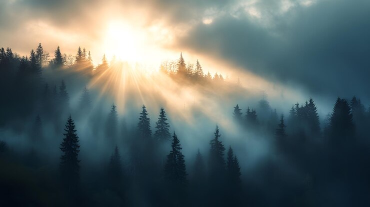 Los rayos del sol atravesando el bosque de niebla al amanecer
