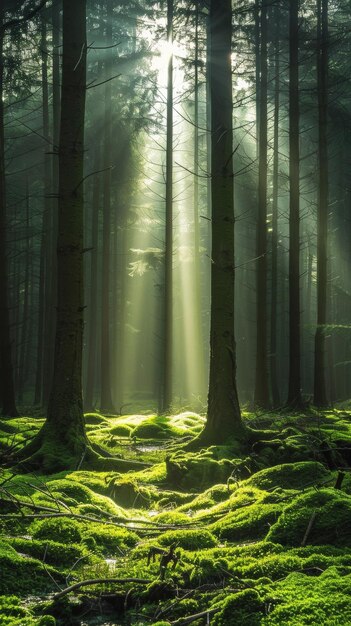 Los rayos del sol atravesando un bosque de niebla