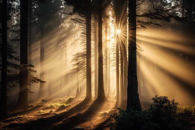 Rayos de sol en un bosque con el sol brillando a través de los árboles.