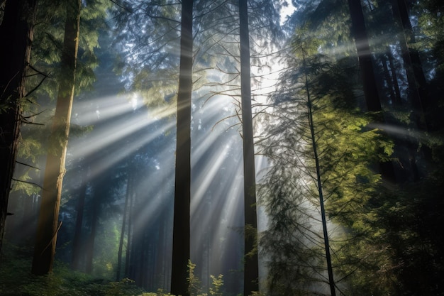 Los rayos del sol brillan a través de los árboles en un bosque