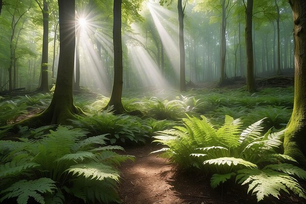 Los rayos de sol brillan a través del bosque natural de hayas los helechos cubren el suelo