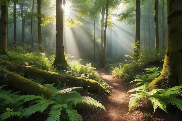 Los rayos de sol brillan a través del bosque natural de hayas los helechos cubren el suelo