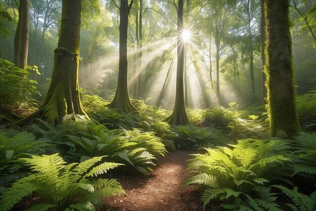 Los rayos de sol brillan a través del bosque natural de hayas los helechos cubren el suelo