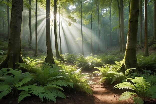 Los rayos de sol brillan a través del bosque natural de hayas los helechos cubren el suelo