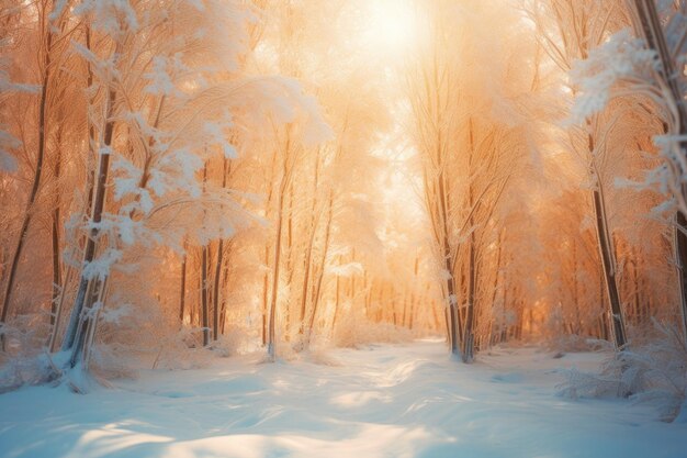 Los rayos del sol brillan a través de los pinos nevados