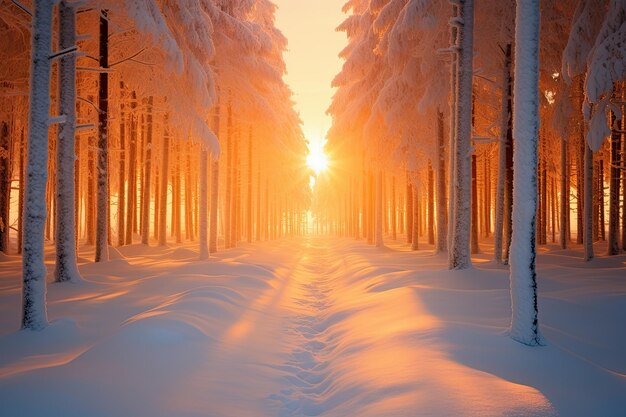 Los rayos del sol brillan a través de los pinos nevados