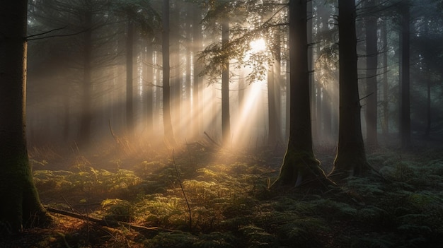 Rayos de sol brillando a través de un bosque