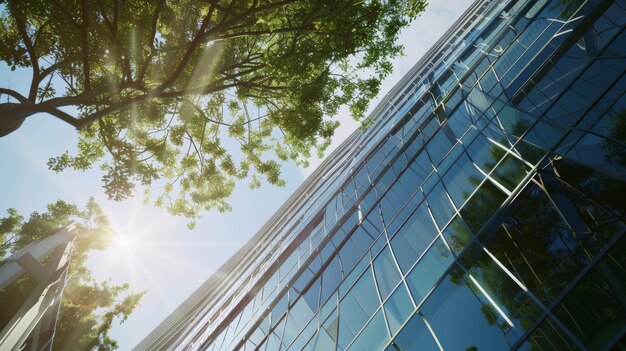 Foto los rayos de sol se deslizan a través de las copas de los árboles que se reflejan en un edificio de oficinas de vidrio en un oasis urbano