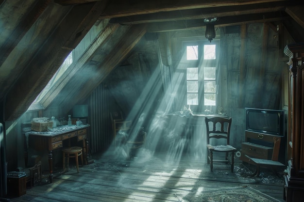 Los rayos de sol etéreos iluminando una habitación de ático vintage con partículas de polvo flotando en el aire