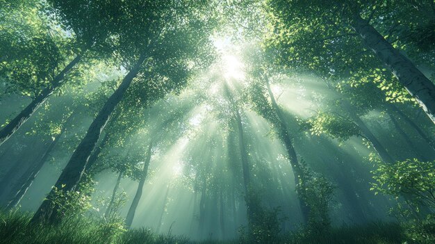 Los rayos de sol se filtran a través de un bosque de niebla