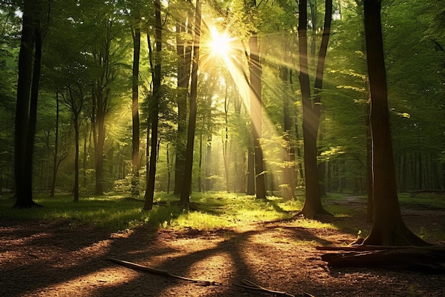 Los rayos de sol fluyen a través de los árboles en un bosque
