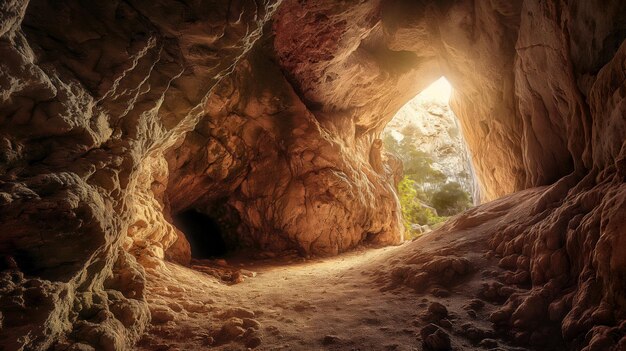 Los rayos del sol iluminan una vasta caverna mientras los rayos perforan la entrada revelando formaciones rocosas y un suelo de arena