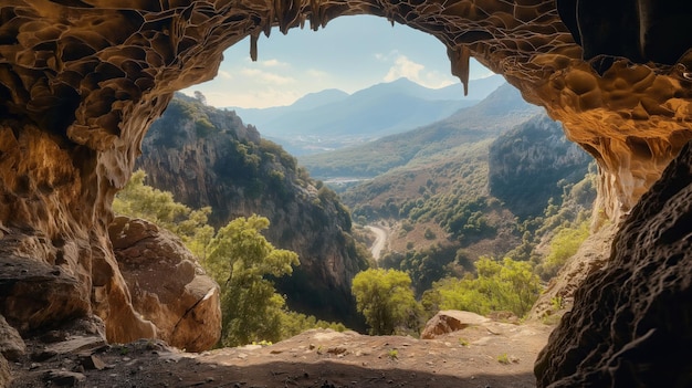 Los rayos del sol iluminan una vasta caverna mientras los rayos perforan la entrada revelando formaciones rocosas y un suelo de arena