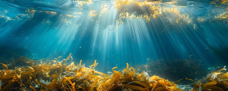 Los rayos de sol iluminando el fondo marino entre las algas en aguas azules cristalinas