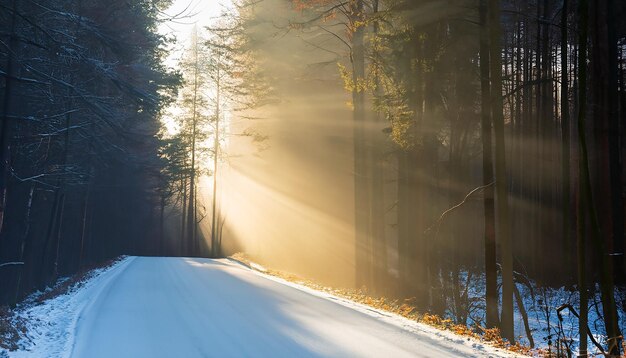 Los rayos del sol de invierno atraviesan los árboles en un camino del bosque en una cena de niebla