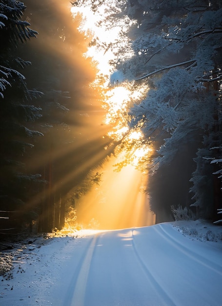 Los rayos del sol de invierno atraviesan los árboles en un camino del bosque en una cena de niebla
