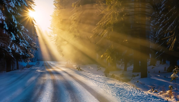 Los rayos del sol de invierno atraviesan los árboles en un camino del bosque en una cena de niebla