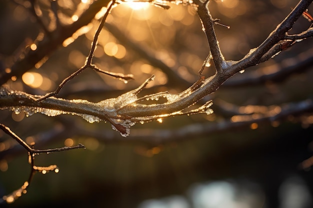 Los rayos del sol matinal se reflejan en el polvo de diamantes en una rama de árbol creada con IA generativa