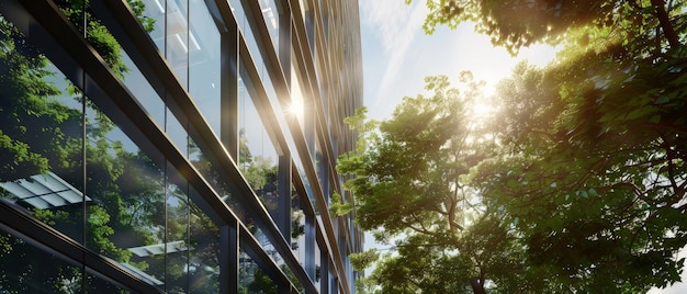 Los rayos de sol penetran en un moderno edificio de vidrio yuxtapuesto con la exuberante vegetación exterior