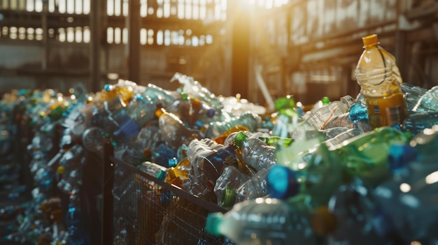 Los rayos de sol sobre un montículo de botellas de plástico que destacan los problemas de reciclaje
