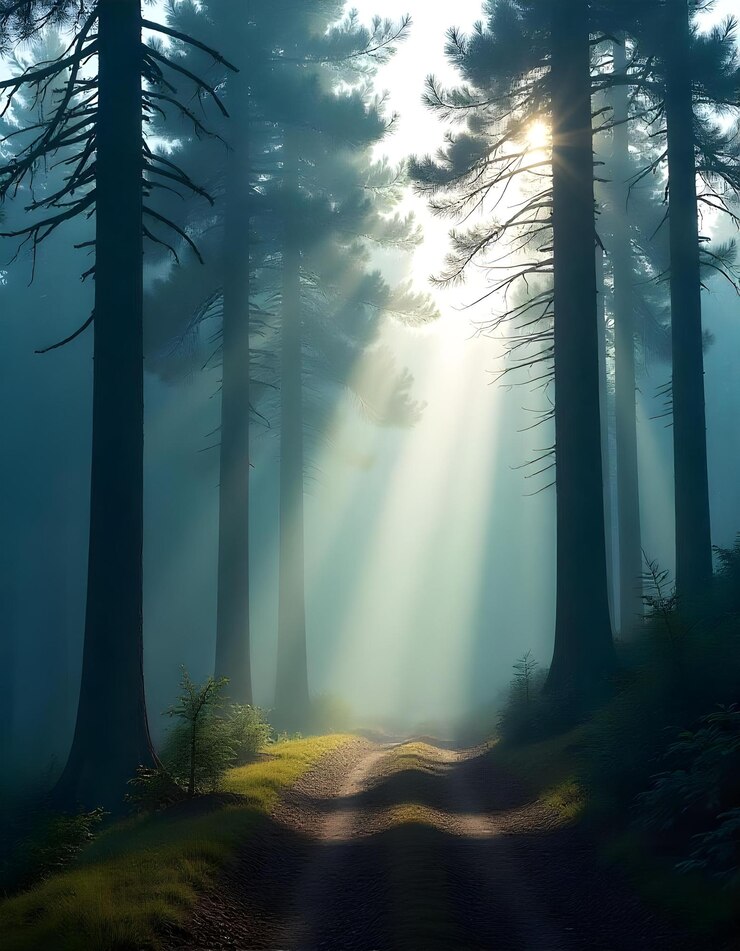 Los rayos de sol a través de los árboles el camino del bosque de niebla