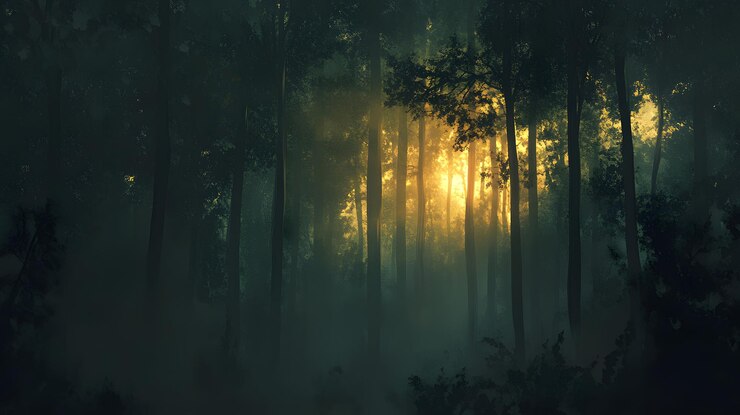 Los rayos de sol a través de un bosque de niebla