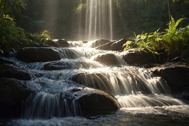 Los rayos del sol a través de la cascada de aspersión