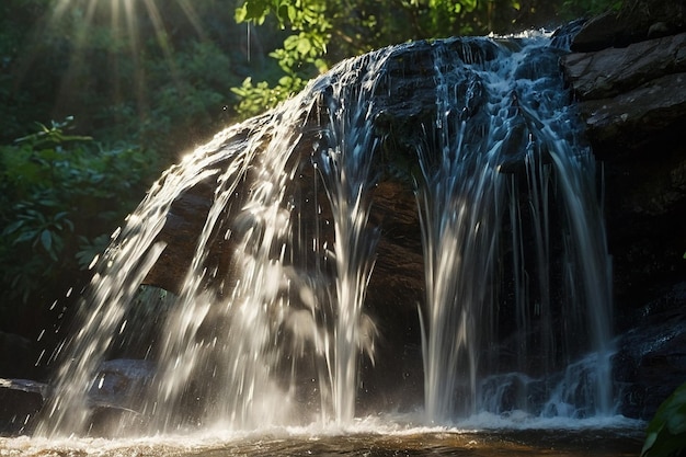 Los rayos del sol a través de la cascada de aspersión