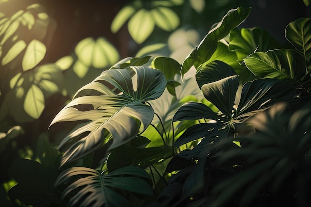 Rayos de sol a través de las hojas en un enfoque suave tropical bajo la luz solar natural con un colorido fondo borroso Generación AI