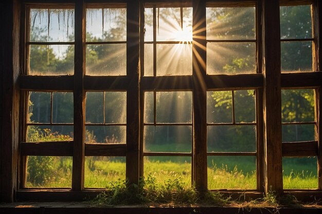 Los rayos de sol a través de las ventanas rústicas del granero