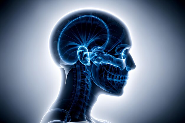 Rayos X de una cabeza humana con una columna vertebral cráneo humano rayos X o imagen de escaneo aislada Día Nacional de los Médicos