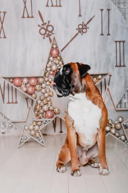 Raza de perro Boxer sentada en el fondo de las decoraciones navideñas