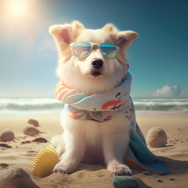 Raza de perro samoyedo con atuendo de verano Perro samoyedo de verano con lindas gafas de sol para mascotas y disfraz de bufanda