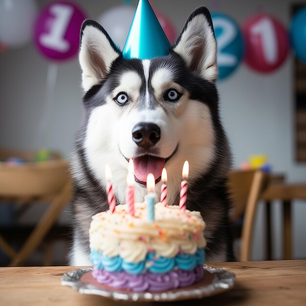 Las razas de husky se sientan junto a un pastel de cumpleaños