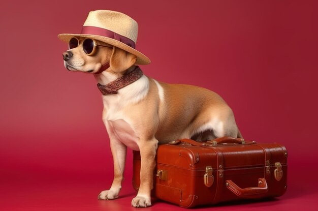 Razas de perros Labrador que usan gafas de sol que usan un sombrero con maletas para viajes de vacaciones de verano