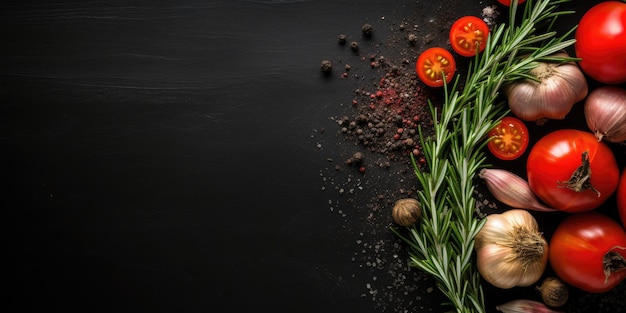 Razmarin Gewürze Tomate auf einem dunklen HintergrundFood Hintergrund mit Platz für Text Generative KI