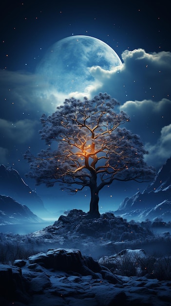 Árbol 3D contra un cielo nocturno de luna