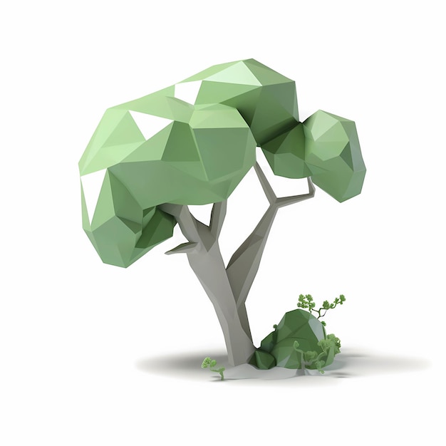 Árbol 3d verde lowpoly mínimo con fondo blanco