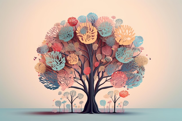 Árbol abstracto con coloridas flores y hojas Ilustración vectorial para su diseño árbol con flores autocuidado y salud mental Generado por IA