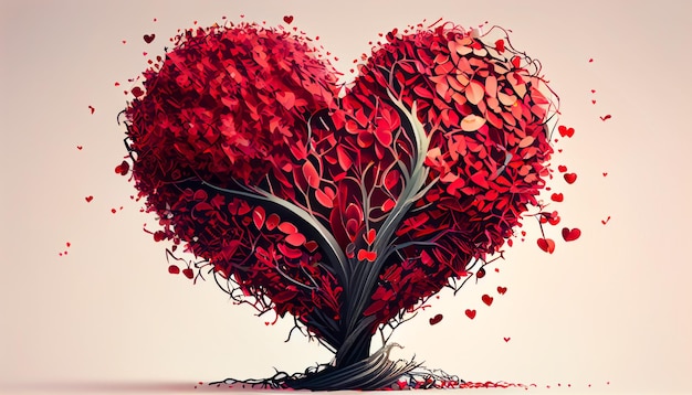 Árbol abstracto en forma de corazón de corazones pequeños rojos IA generativa