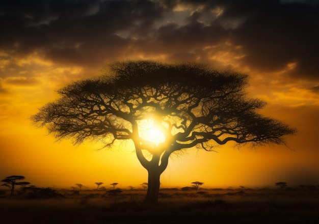 Árbol de acacia en la sabana africana contra una hermosa puesta de sol