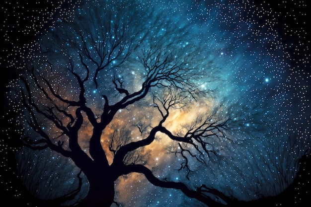 Árbol alto que se ramifica brillando en la oscuridad en la noche de lluvia de estrellas