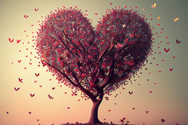 Árbol de amor con corazones voladores