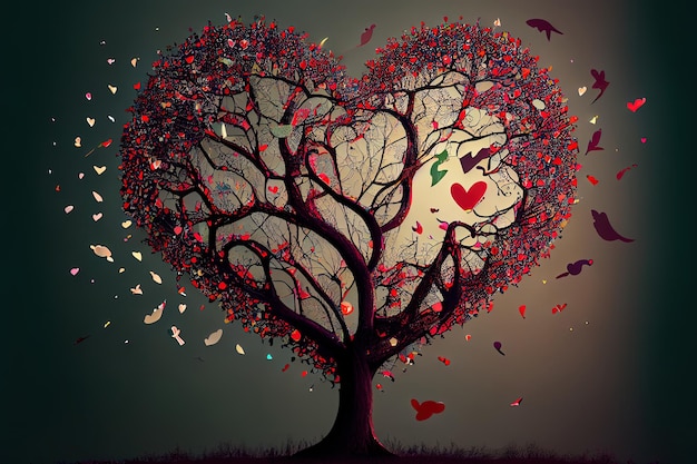 Árbol de amor con corazones voladores