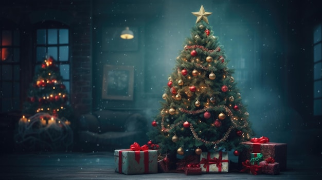 Árbol de Año Nuevo decorado con bolas y guirnaldas de Año Nuevo en el interior con regalos.