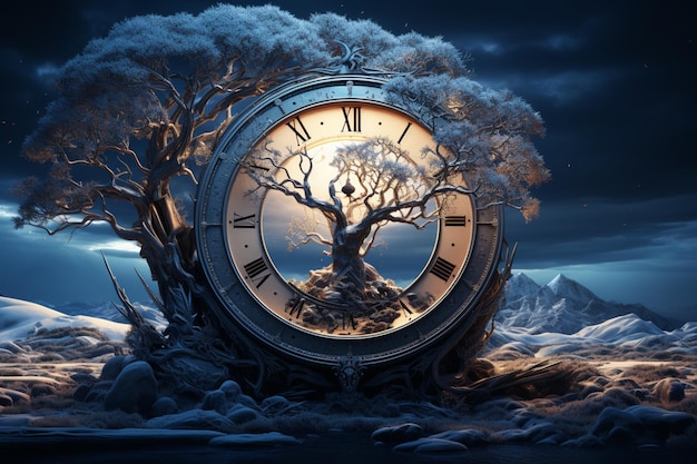 Árbol antiguo contempla un reloj congelado mientras la ciudad sueña más allá